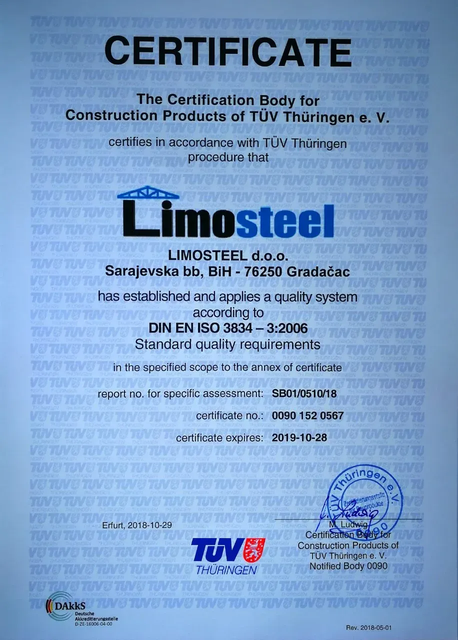 DIN EN ISO 3834-3:2006 — Certificate — engleska verzija, izdao TÜV Thüringen e.V. — Notified Body 0090