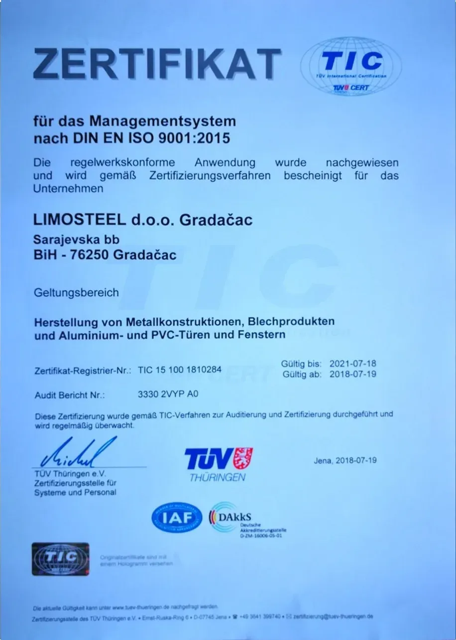 DIN EN ISO 9001:2015 — Sistem upravljanja kvalitetom, izdao TÜV Thüringen (TIC)