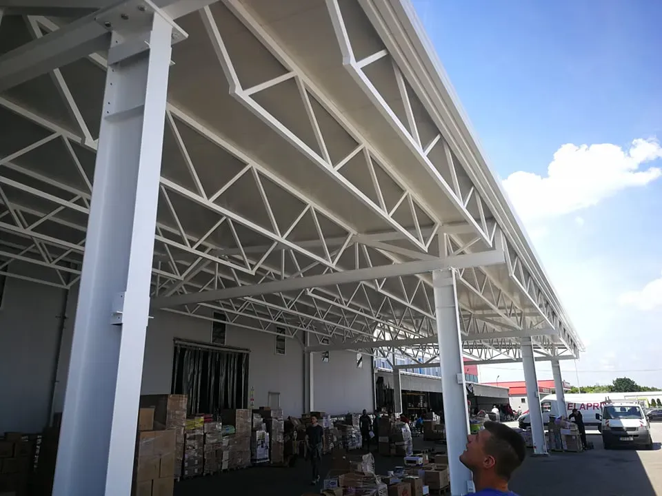 Steel canopy on a commercial building with the substructure visible